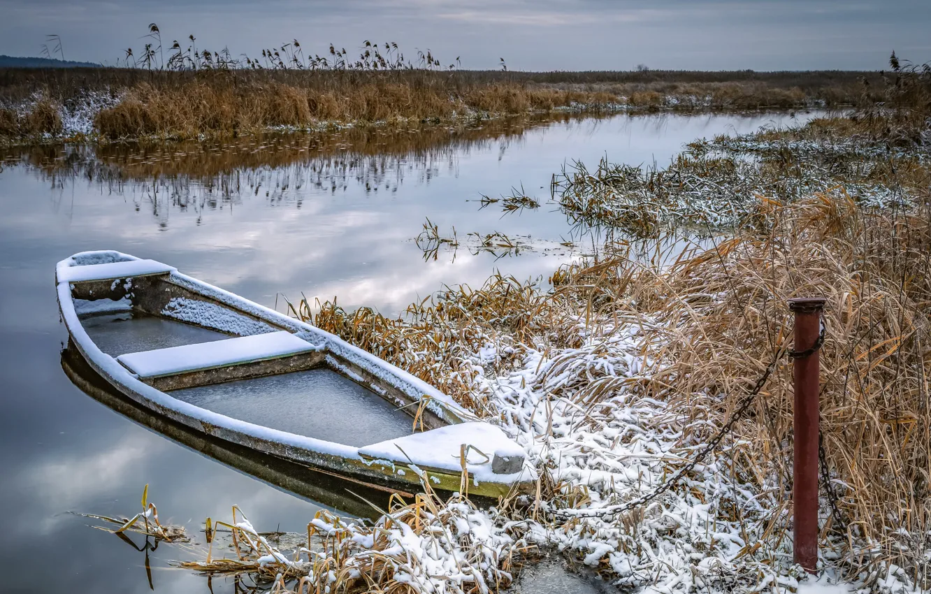 Фото обои зима, поле, лодка