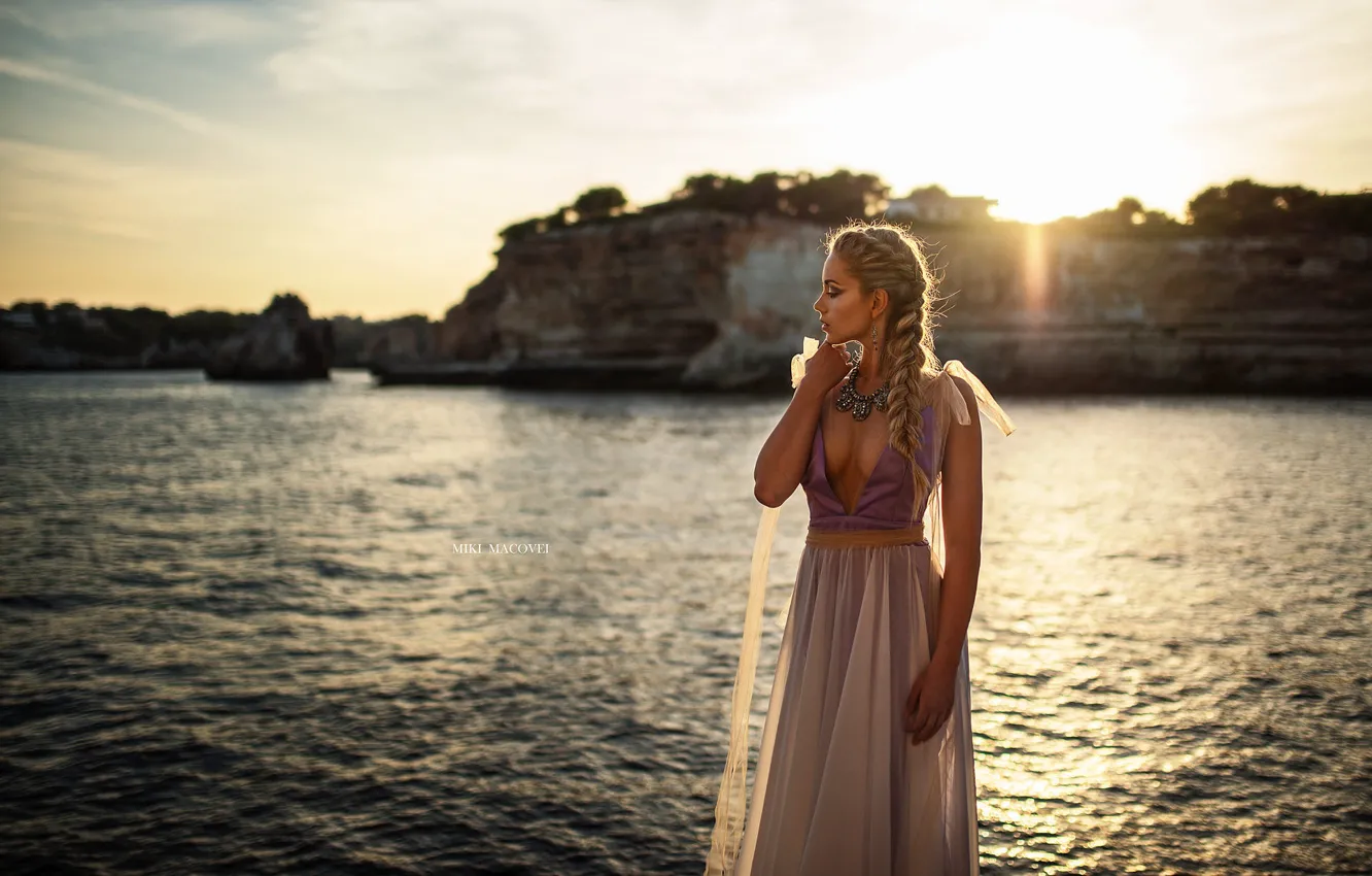 Фото обои море, девушка, закат, природа, скалы, платье, красивая, Анна