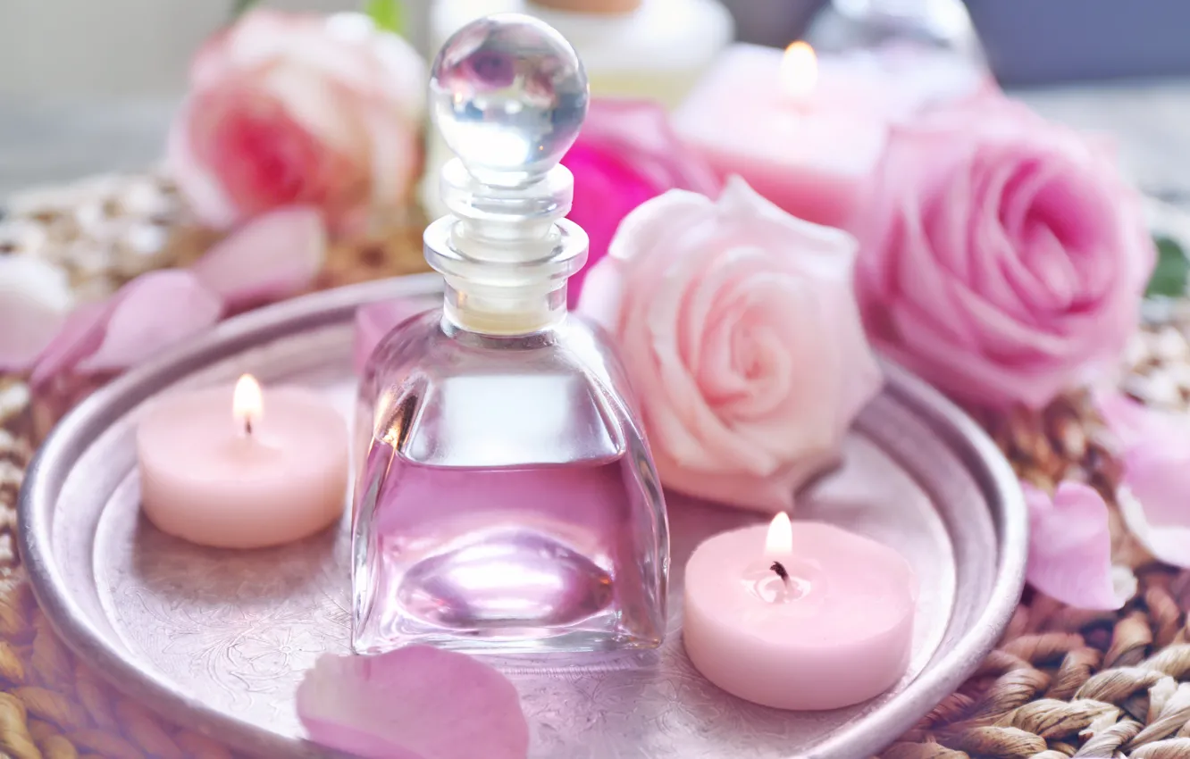 Фото обои свечи, лепестки, rose, wood, pink, petals, розовые розы, spa