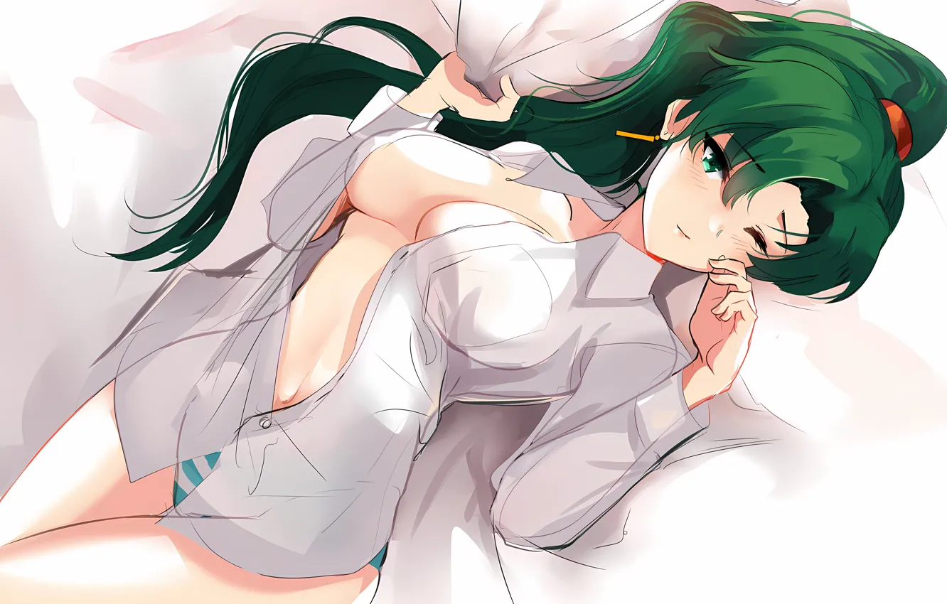 Фото обои girl, sexy, lingerie, pantsu, cleavage, panties, green eyes, long hair