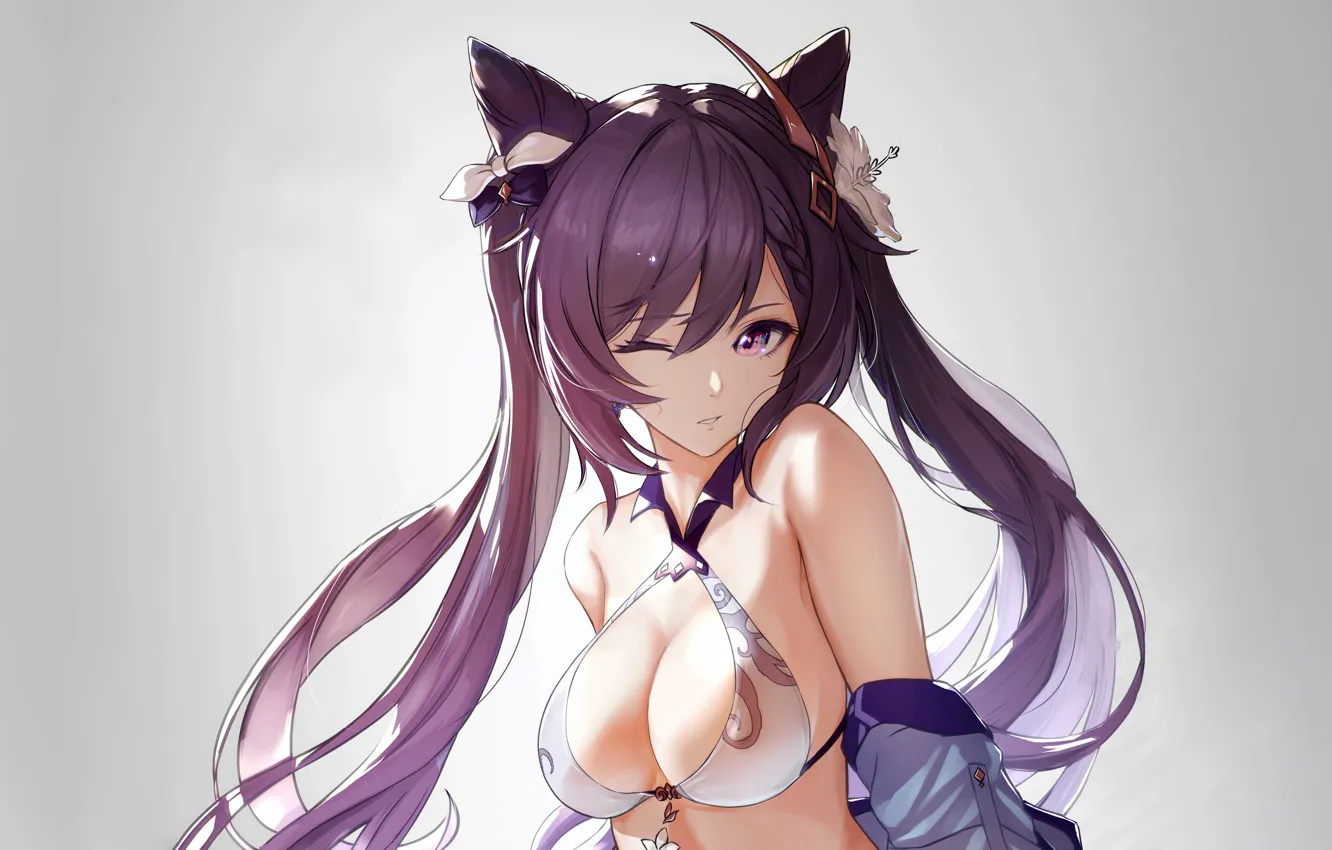 Фото обои girl, sexy, cleavage, long hair, boobs, anime, beautiful, purple eyes