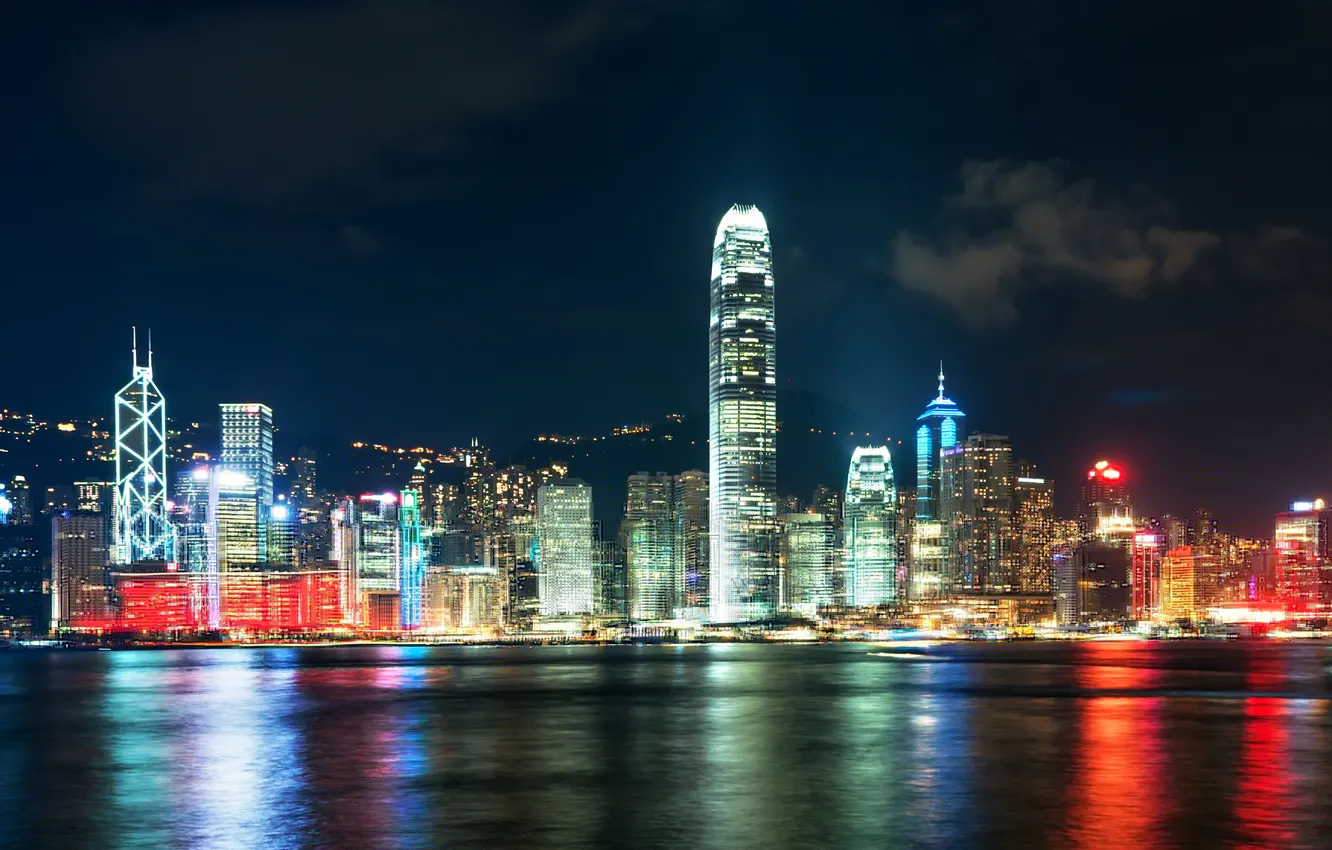 Фото обои река, дома, Китай, Гонконг ночь