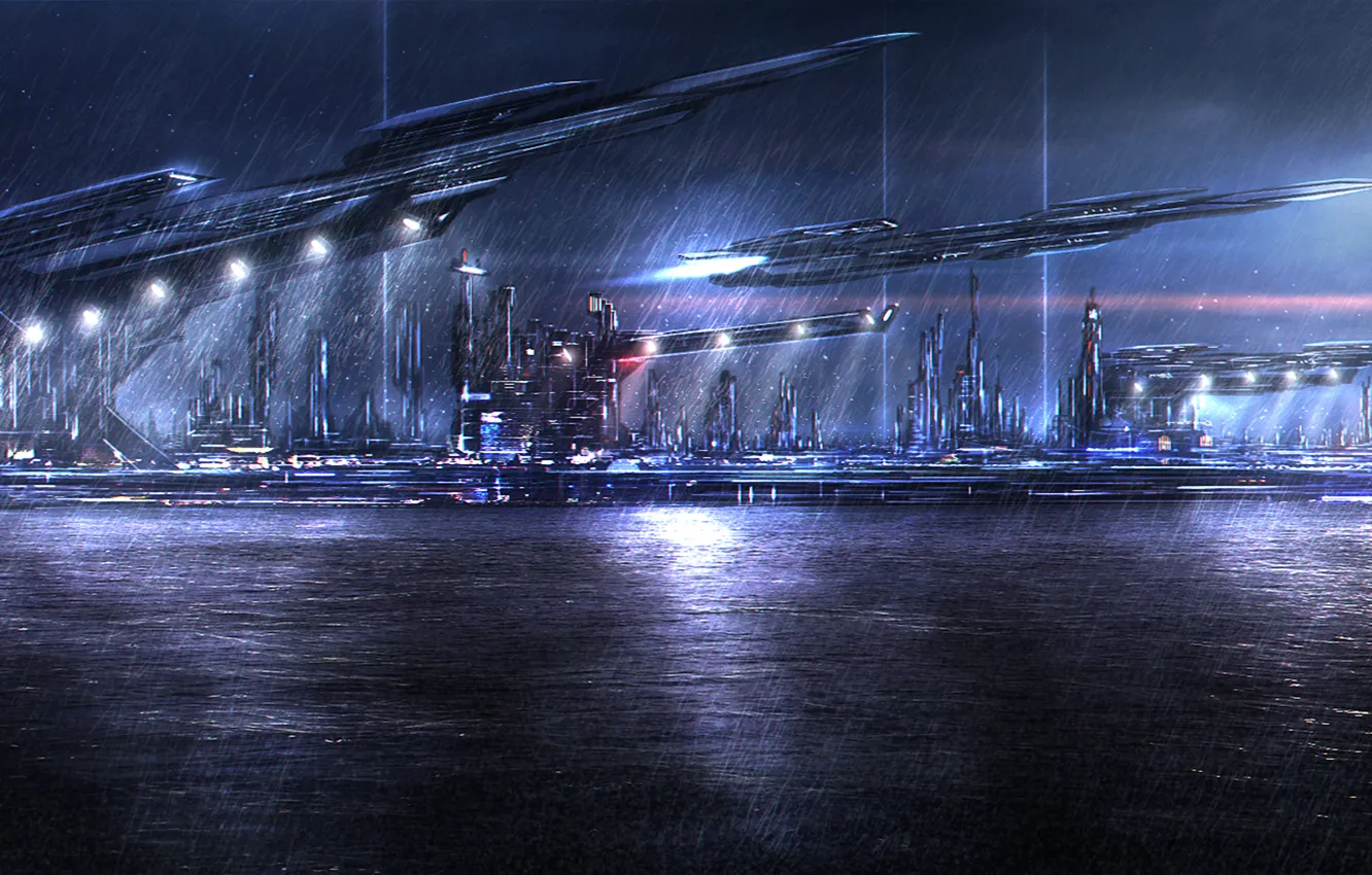 Фото обои море, ночь, город, огни, дождь, порт, space dock