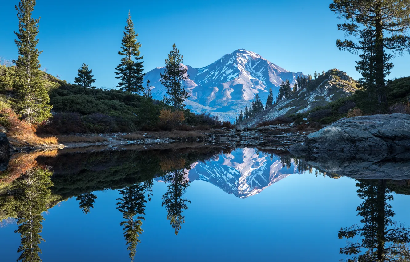 Фото обои деревья, горы, озеро, отражение, Калифорния, California, Heart Lake, Каскадные горы