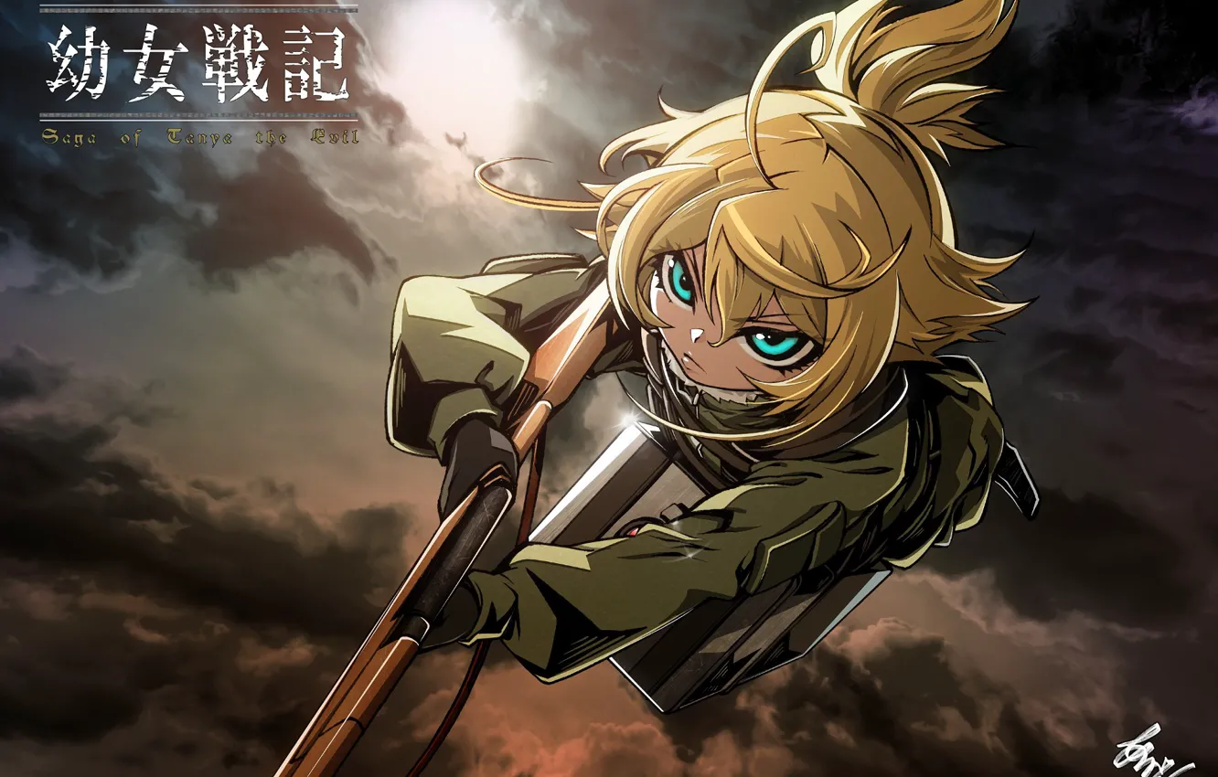 Фото обои kawaii, girl, gun, soldier, sky, military, weapon, war