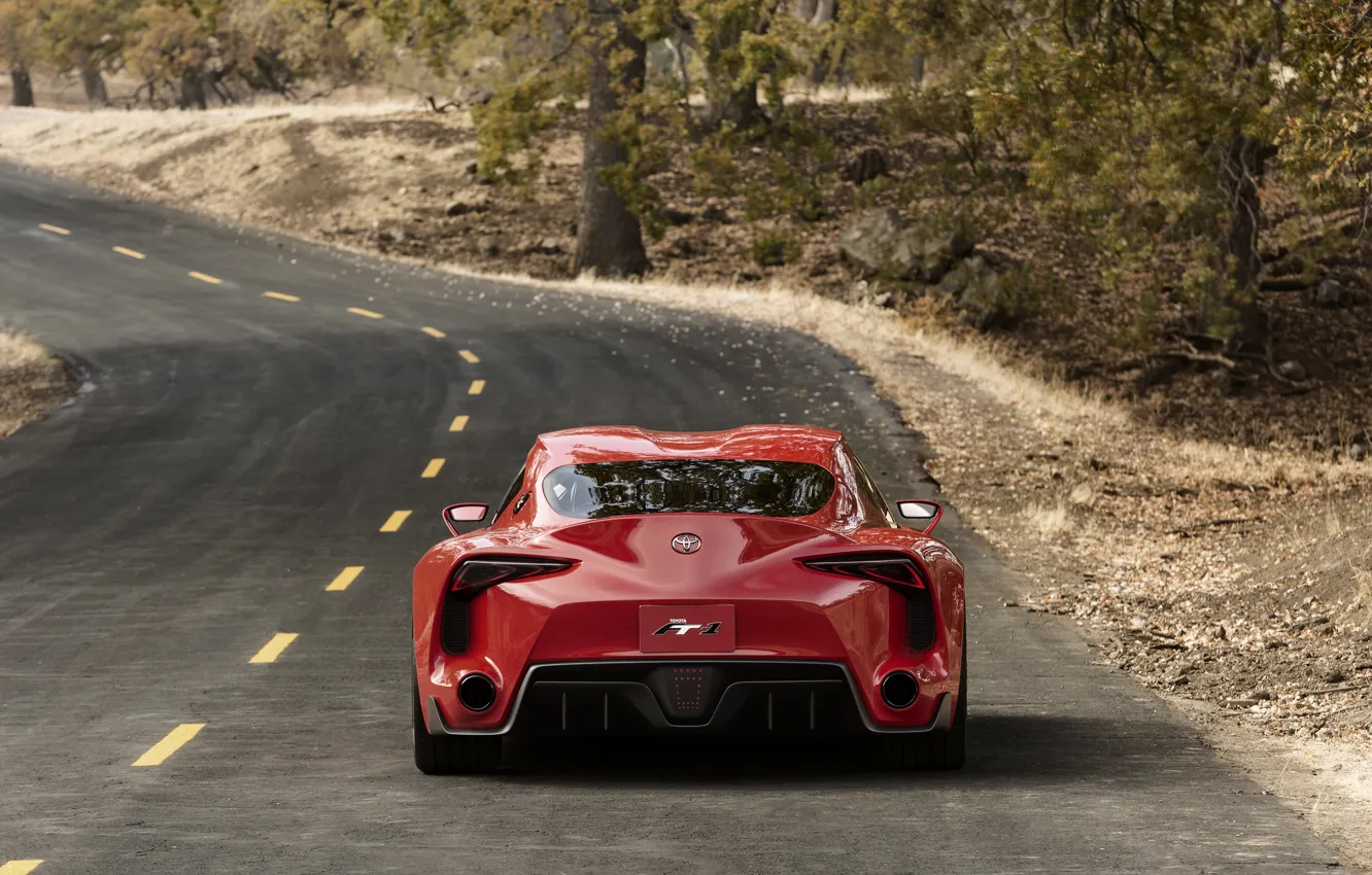 Фото обои дорога, красный, купе, Toyota, корма, 2014, FT-1 Concept