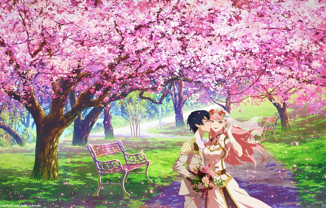 Фото обои поцелуй, букет, дорожка, свидание, скамейки, в парке, Hiro, цветение весной