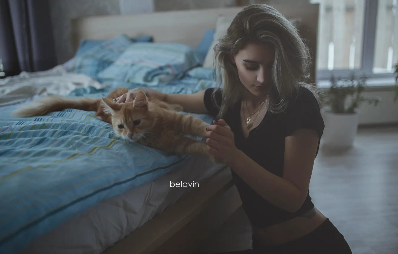 Фото обои кошка, девушка, поза, настроение, кровать, рыжий кот, Belavin, Александр Белавин