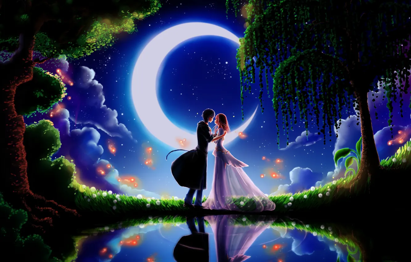 Фото обои девушка, облака, деревья, любовь, цветы, ночь, озеро, светлячки