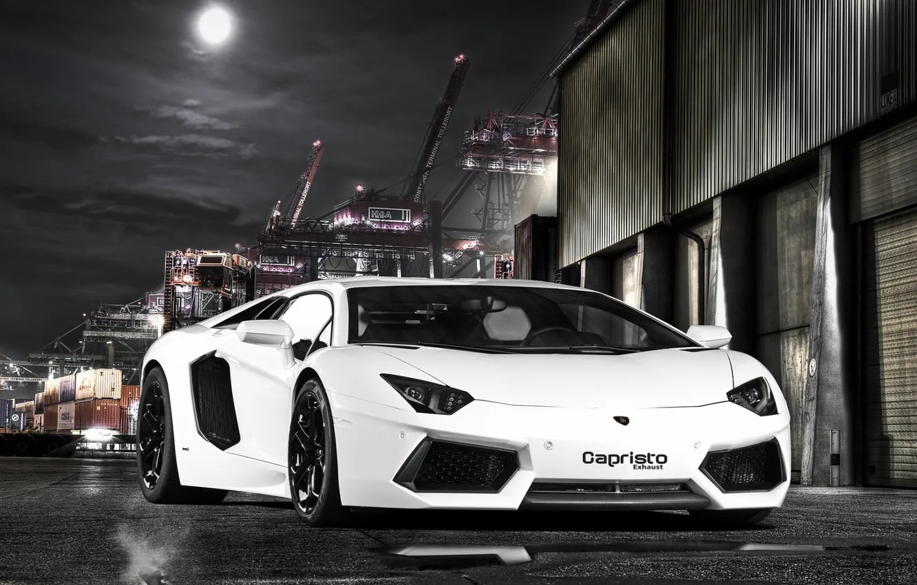 Фото обои белый, небо, ночь, луна, тюнинг, Lamborghini, порт, Carbon