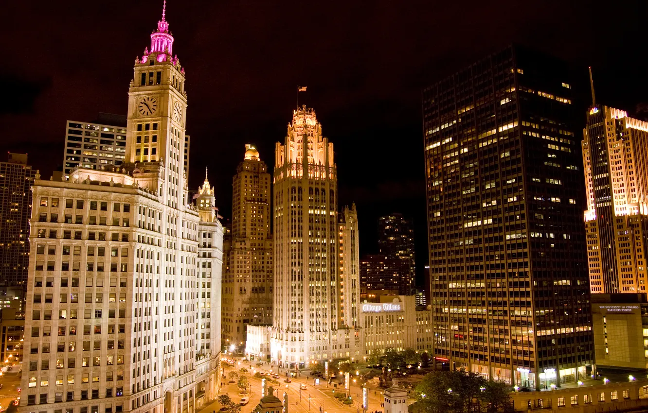 Фото обои ночь, огни, небоскребы, чикаго, Chicago