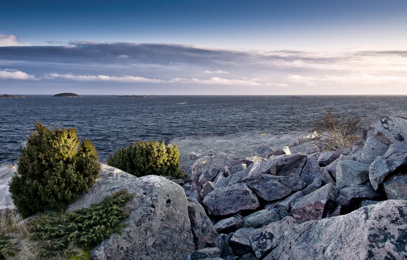Фото обои камни, растительность, залив, Финский