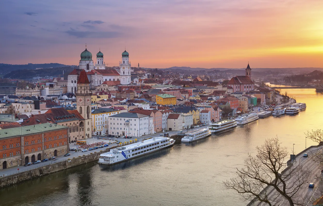 Фото обои река, дома, Германия, Бавария, собор, Дунай, Пассау