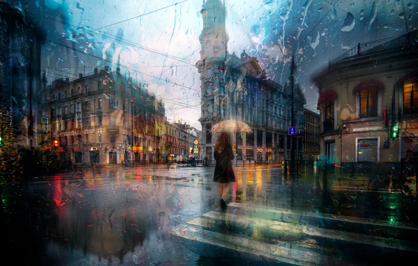 Фото обои девушка, город, дождь, здания, дома, вечер, Питер, Санкт-Петербург