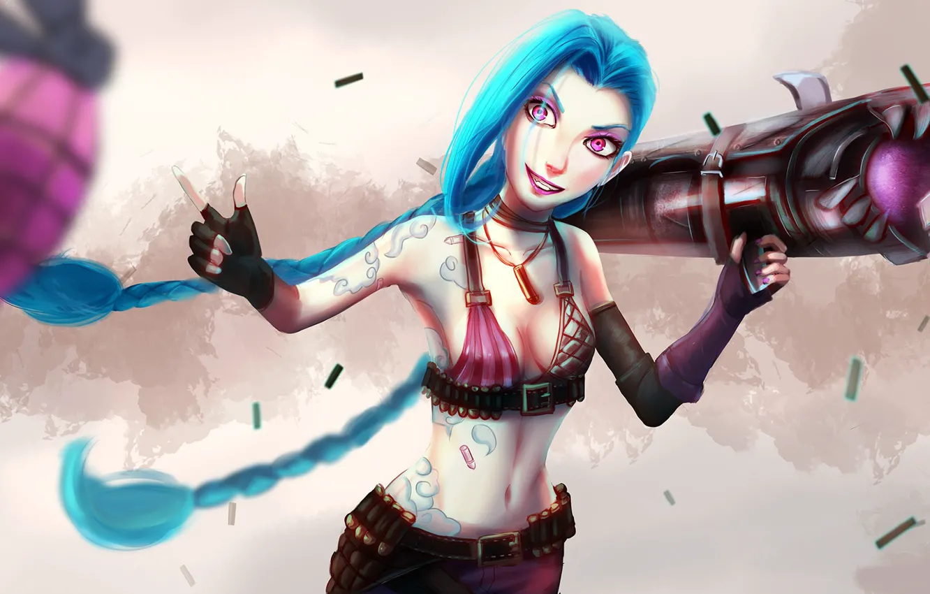Фото обои взгляд, девушка, базука, art, League of Legends, LoL, Jinx, Loose Cannon