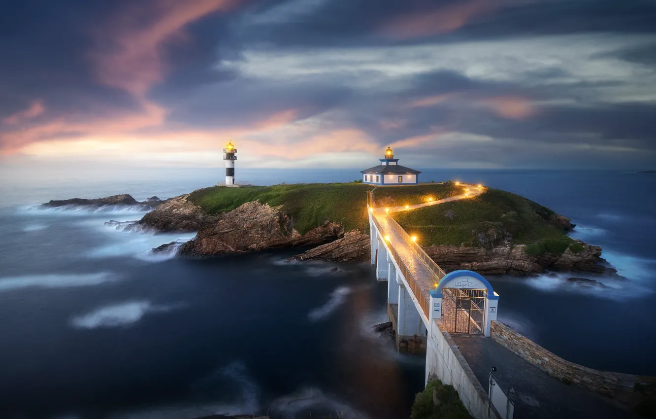 Фото обои море, мост, маяк, остров, Испания, Spain, Ribadeo, Galicia