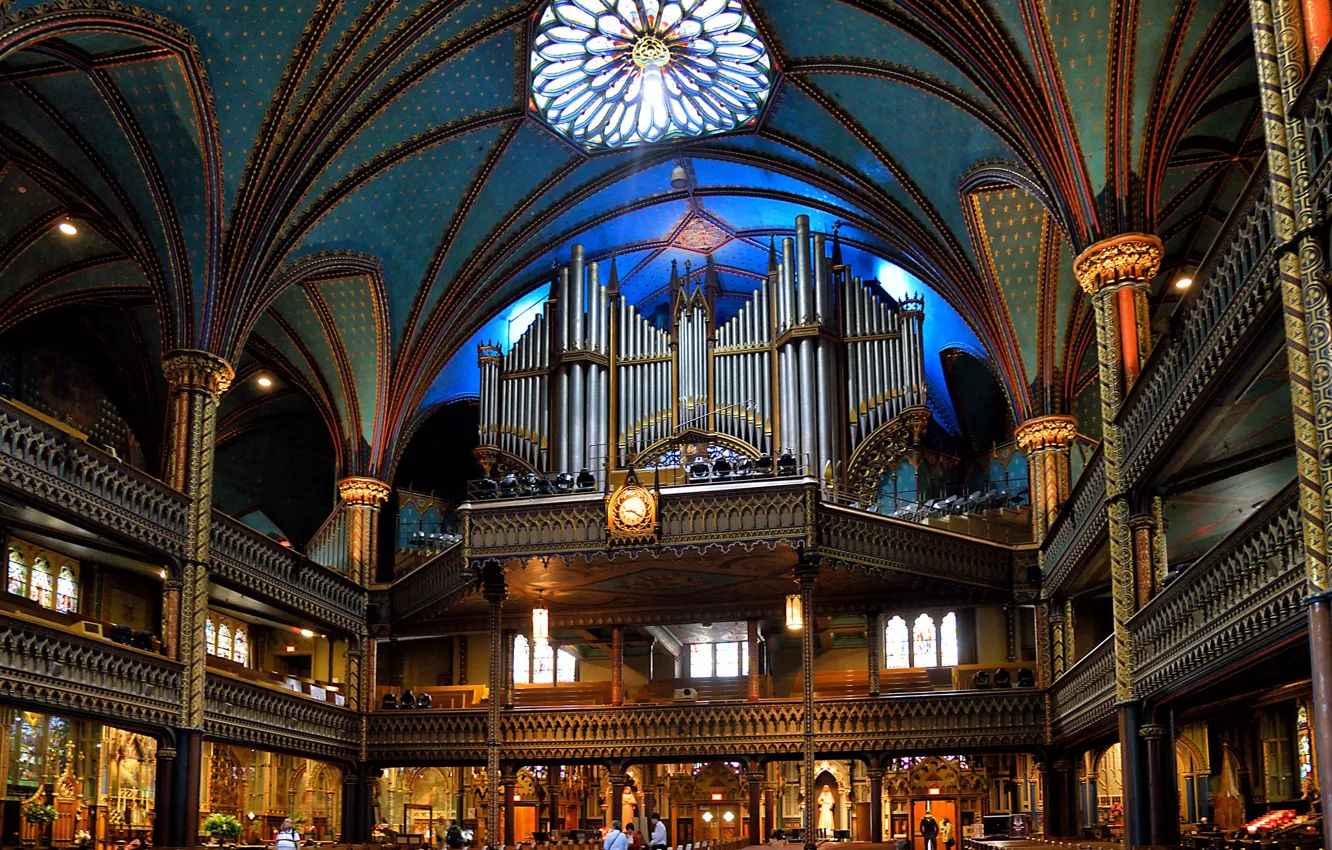 Фото обои Канада, церковь, балкон, религия, колонна, орган, Собор Монреальской Богоматери, Базилика Нотр-Дам де Монреаль