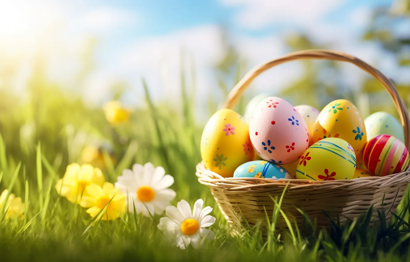 Фото обои цветы, корзина, поляна, яйца, весна, colorful, Пасха, happy