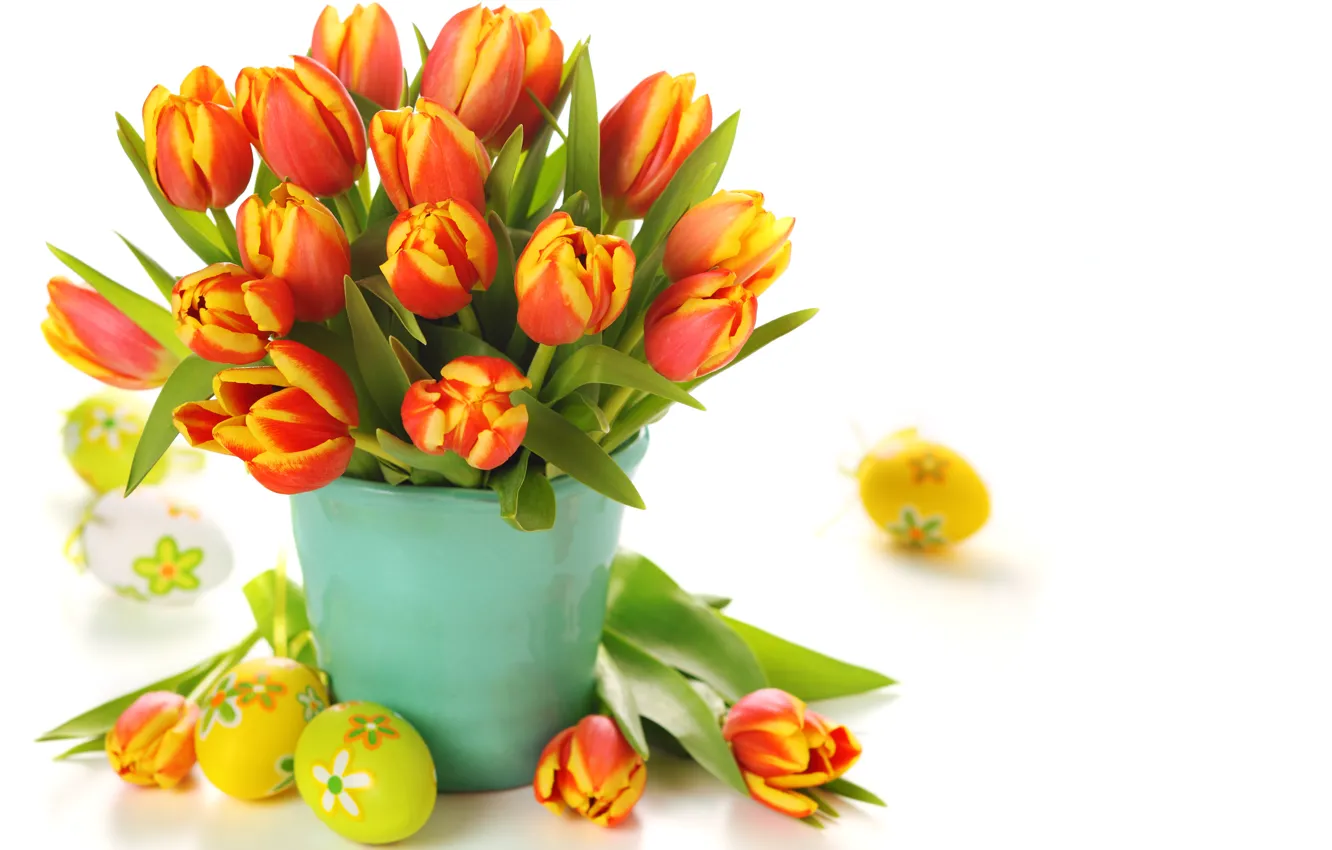 Фото обои цветы, яйца, букет, Пасха, тюльпаны, ведерко