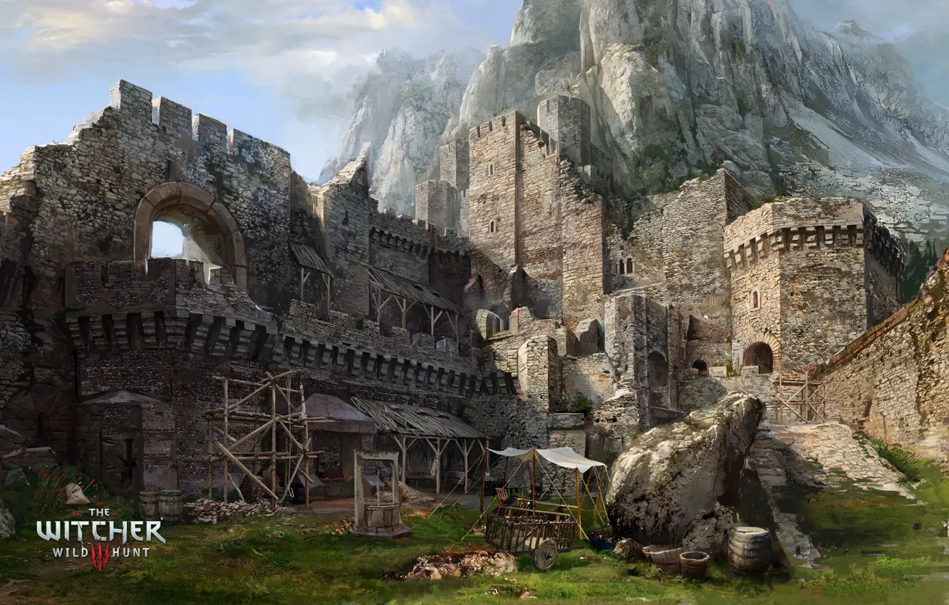 Фото обои гора, колодец, крепость, Ведьмак, The Witcher 3 Wild Hunt, Каэр Морхен