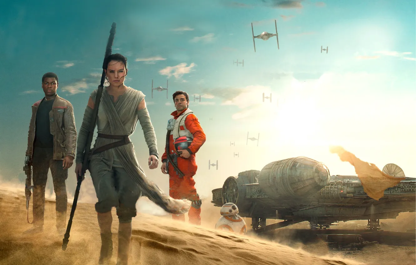 Фото обои песок, фантастика, Finn, Star Wars: The Force Awakens, Звёздные войны: Пробуждение силы, Rey, Daisy Ridley, …