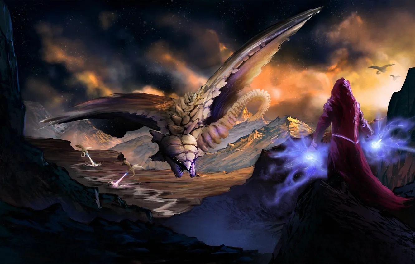 Фото обои девушка, горы, скалы, магия, драконы, арт, монстры