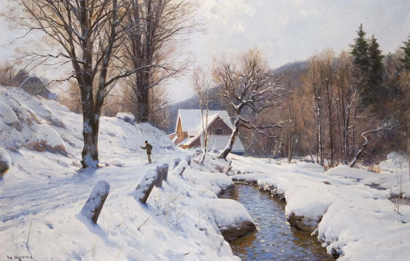 Фото обои зима, лес, снег, деревья, пейзаж, дом, река, картина