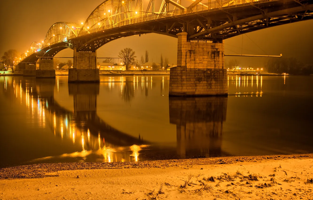 Фото обои ночь, мост, огни, река, фонари, Gran, Венгрия