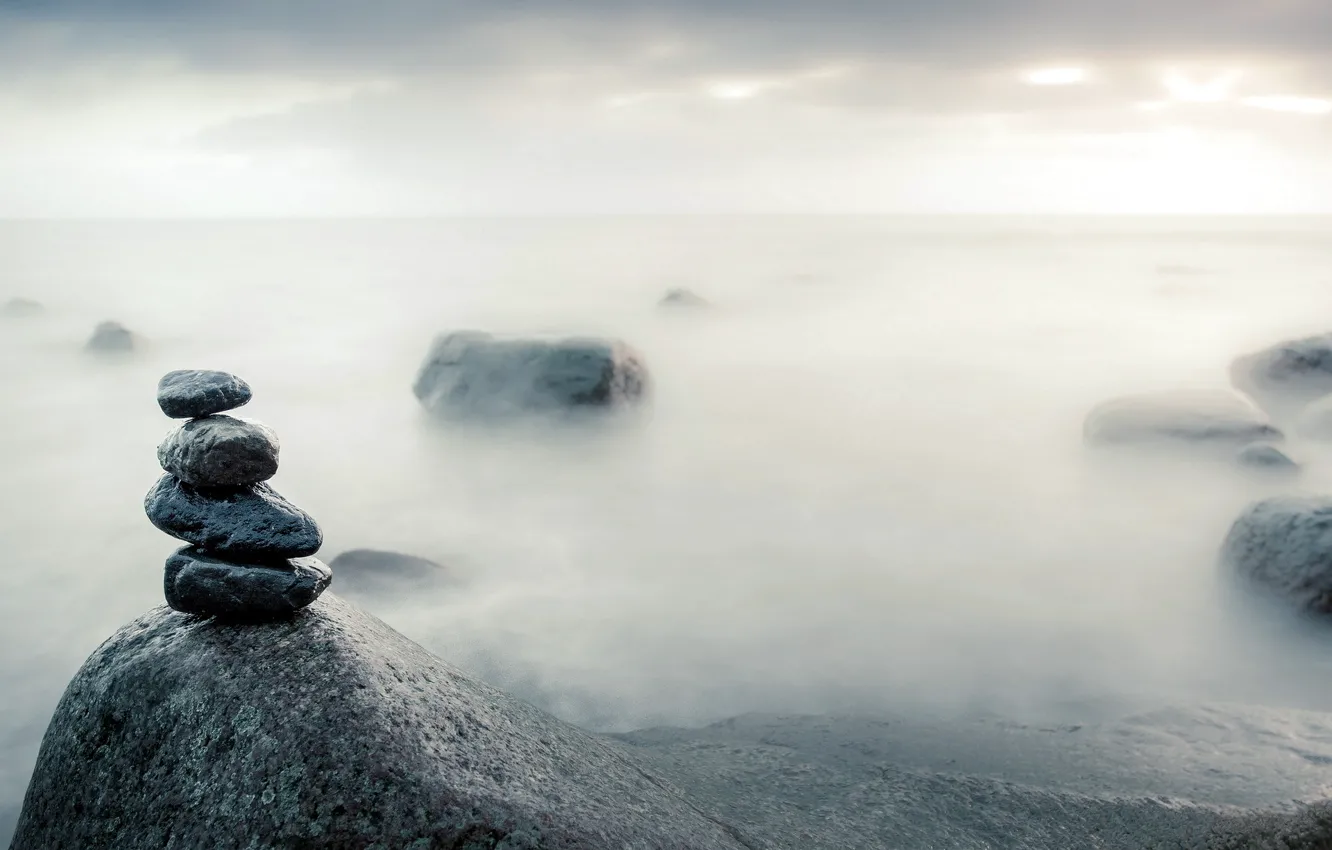 Фото обои море, природа, туман, камни