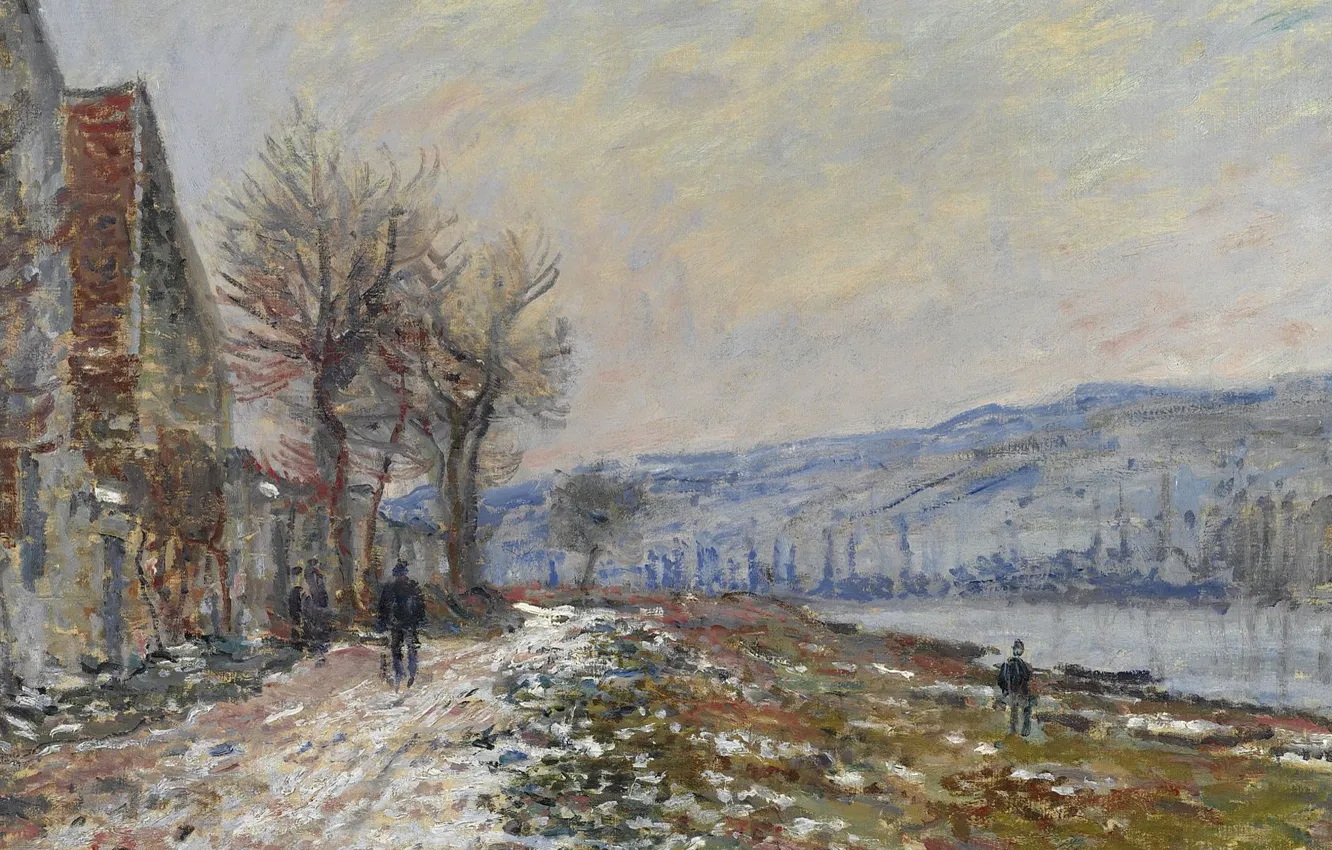Фото обои пейзаж, картина, Клод Моне, Сена в Лавакорте. Снежный Эффект