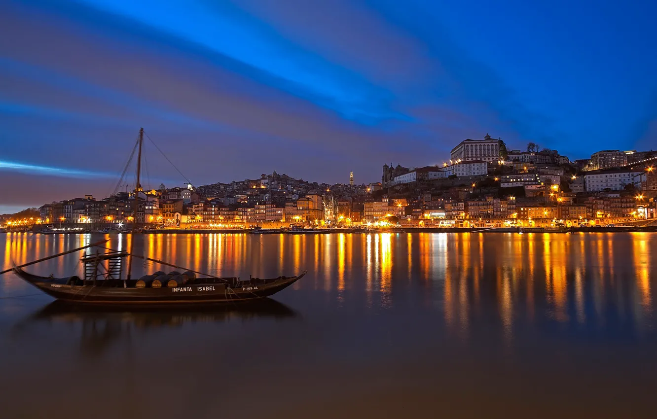 Фото обои море, пейзаж, ночь, огни, лодка, дома, Португалия, Порто
