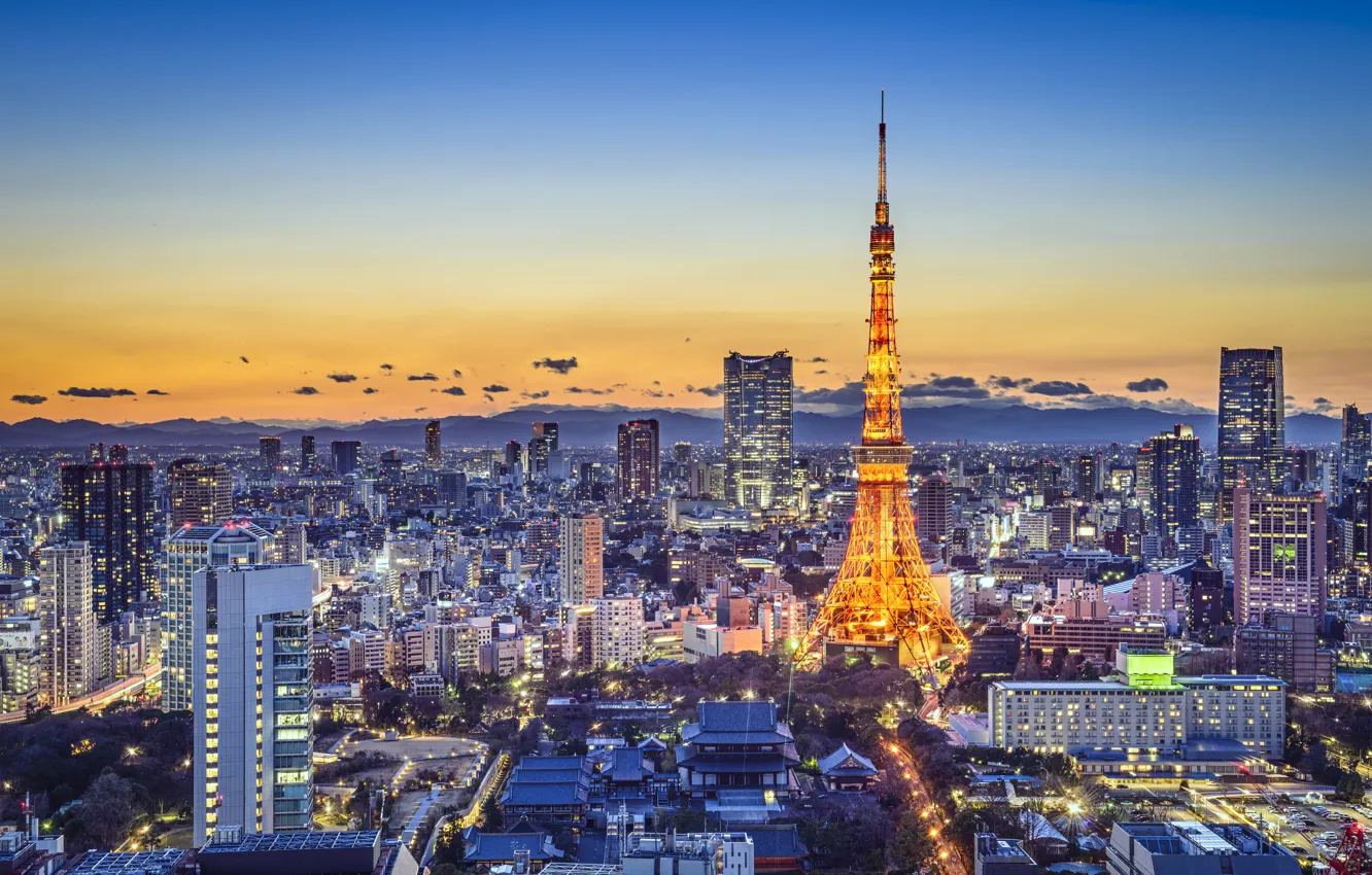 Фото обои Дома, Япония, Токио, Города, Мегаполис, Рассветы и закаты
