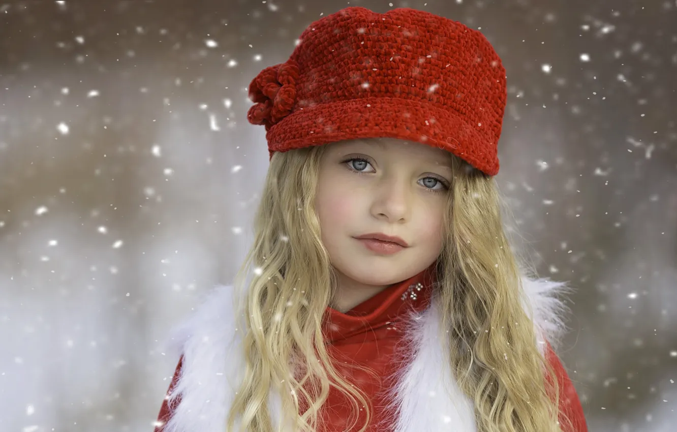 Фото обои зима, взгляд, снег, лицо, настроение, одежда, нежность, ребенок
