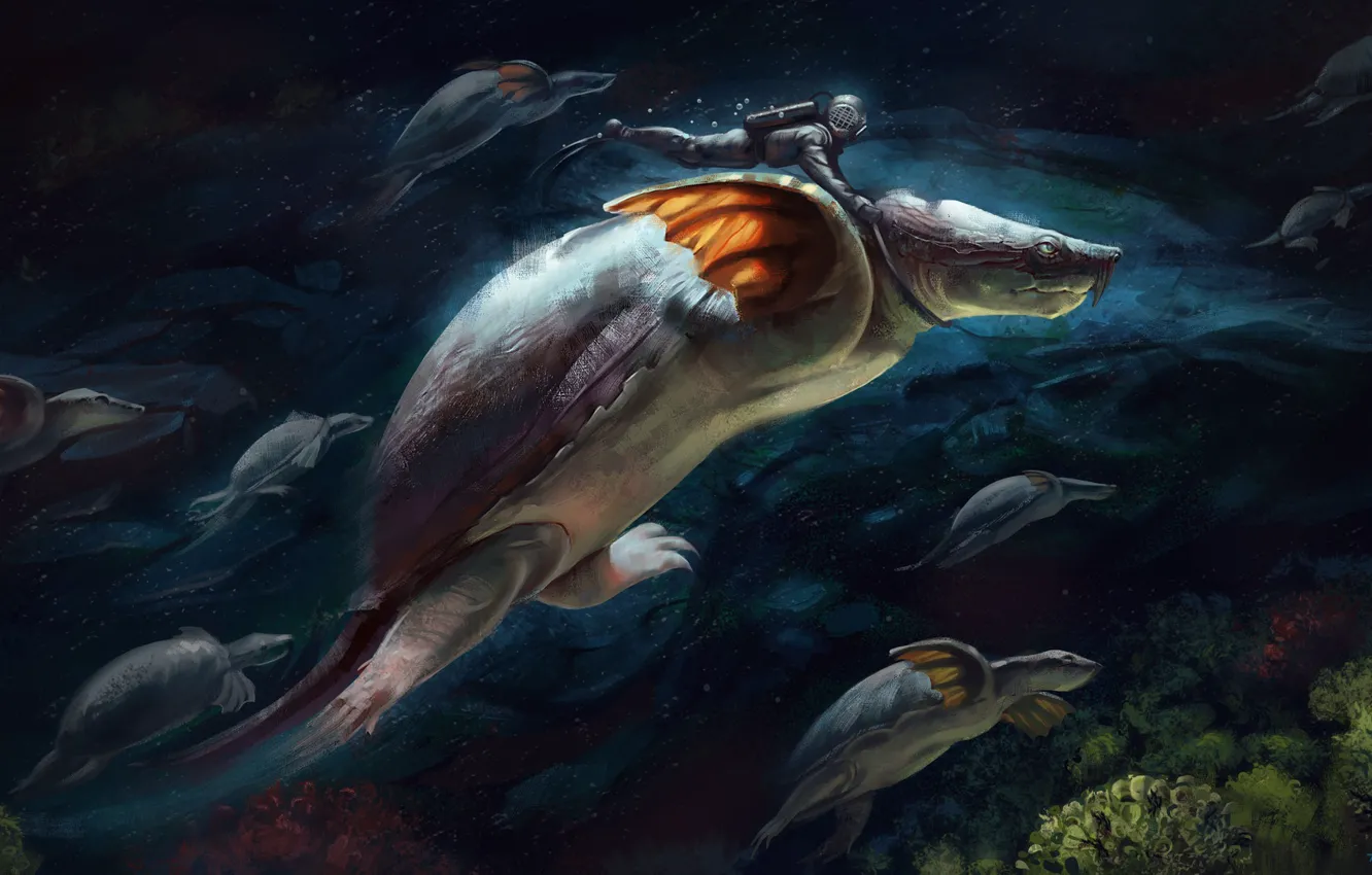 Фото обои фантастика, черепаха, арт, подводный мир, Illustrator, Alex Shiga, Exploring