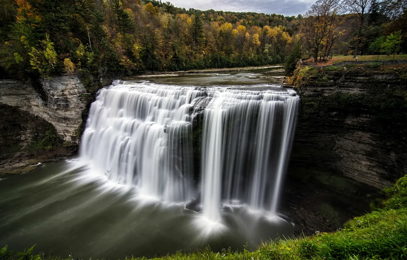 Фото обои Autumn, Waterfall, Letchworth State Park, Middle Falls
