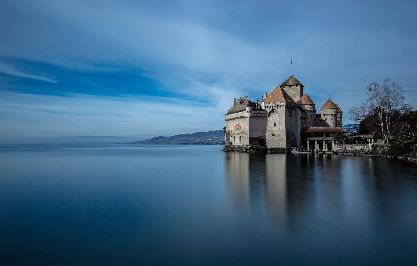 Фото обои озеро, замок, башня, Швейцария, Chillon Castle, Шильйон