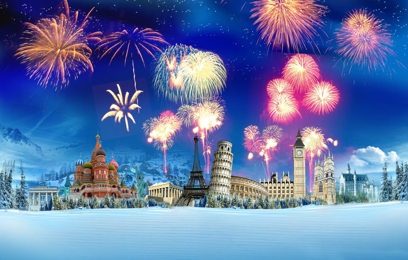 Фото обои зима, снег, эйфелева башня, салют, кремль, колизей, ёлки, пизанская башня