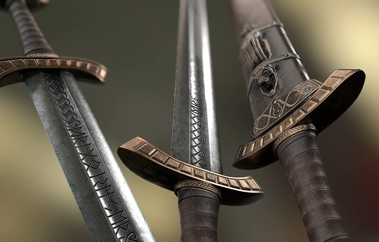 Фото обои оружие, сталь, мечи, руны, Viking Sword and Scabbard