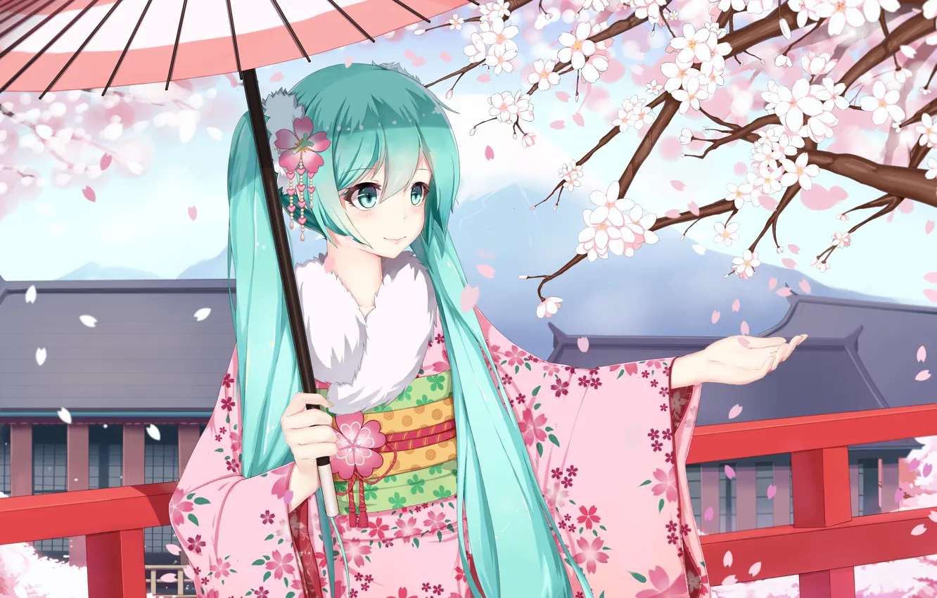 Фото обои девушка, улыбка, зонт, аниме, лепестки, сакура, арт, кимоно