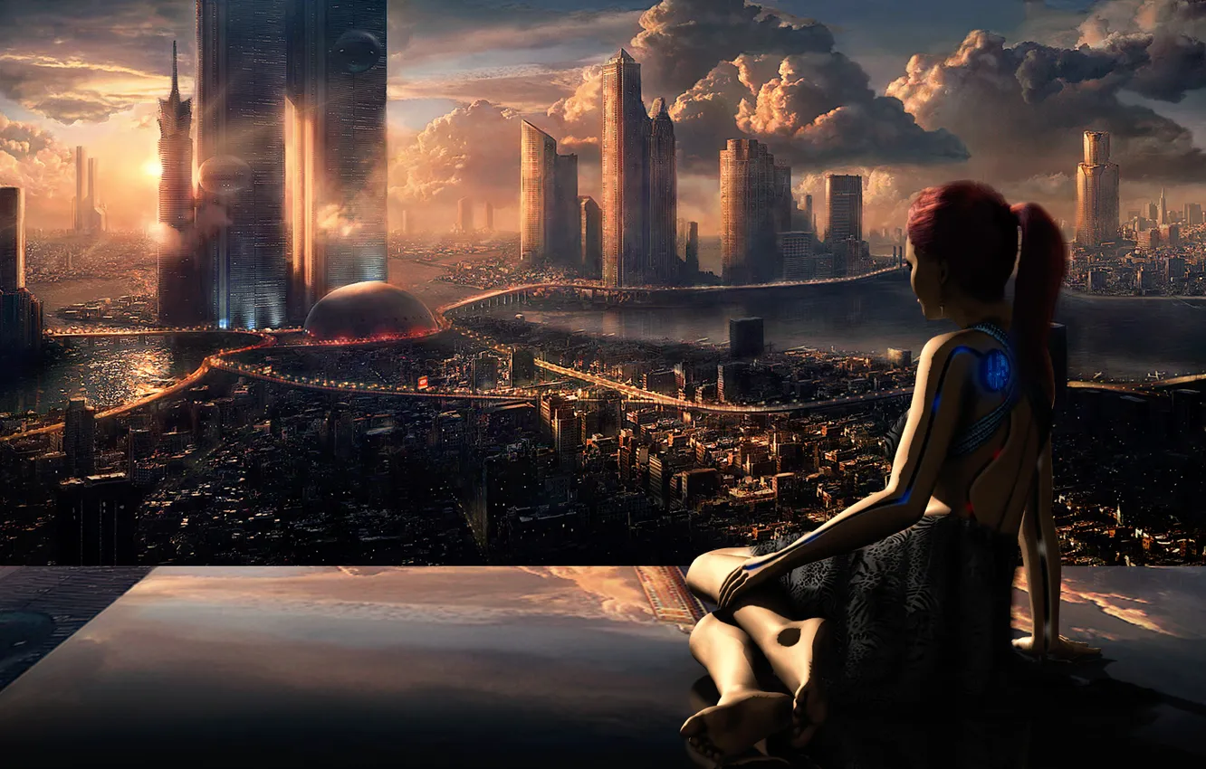Фото обои девушка, отражение, восход, киборг, сидит, город будущего, Солнца