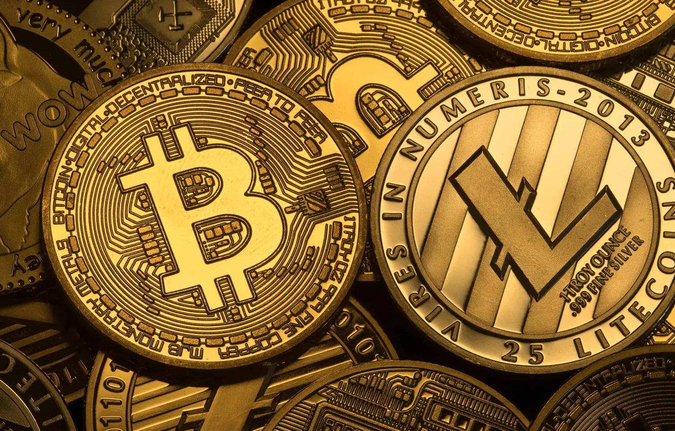 Фото обои лого, монеты, coins, bitcoin, биткоин, litecoin, лайткоин