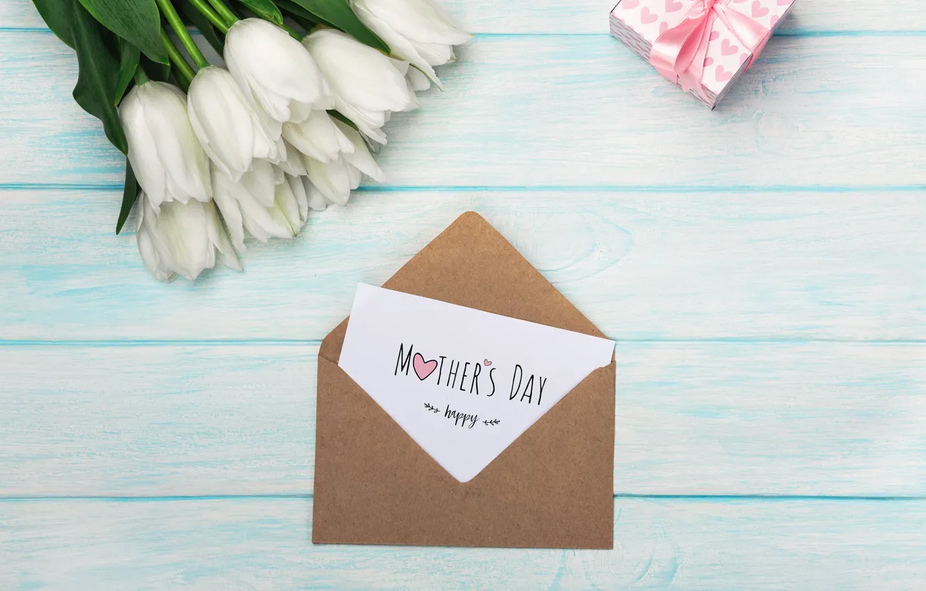 Фото обои цветы, подарок, букет, тюльпаны, конверт, поздравление, День матери