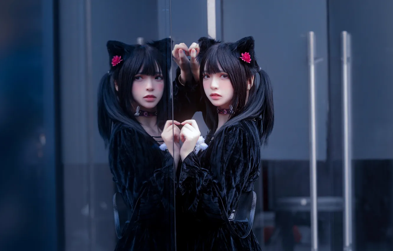 Фото обои Asian, black hair, black dress, Feng Mao