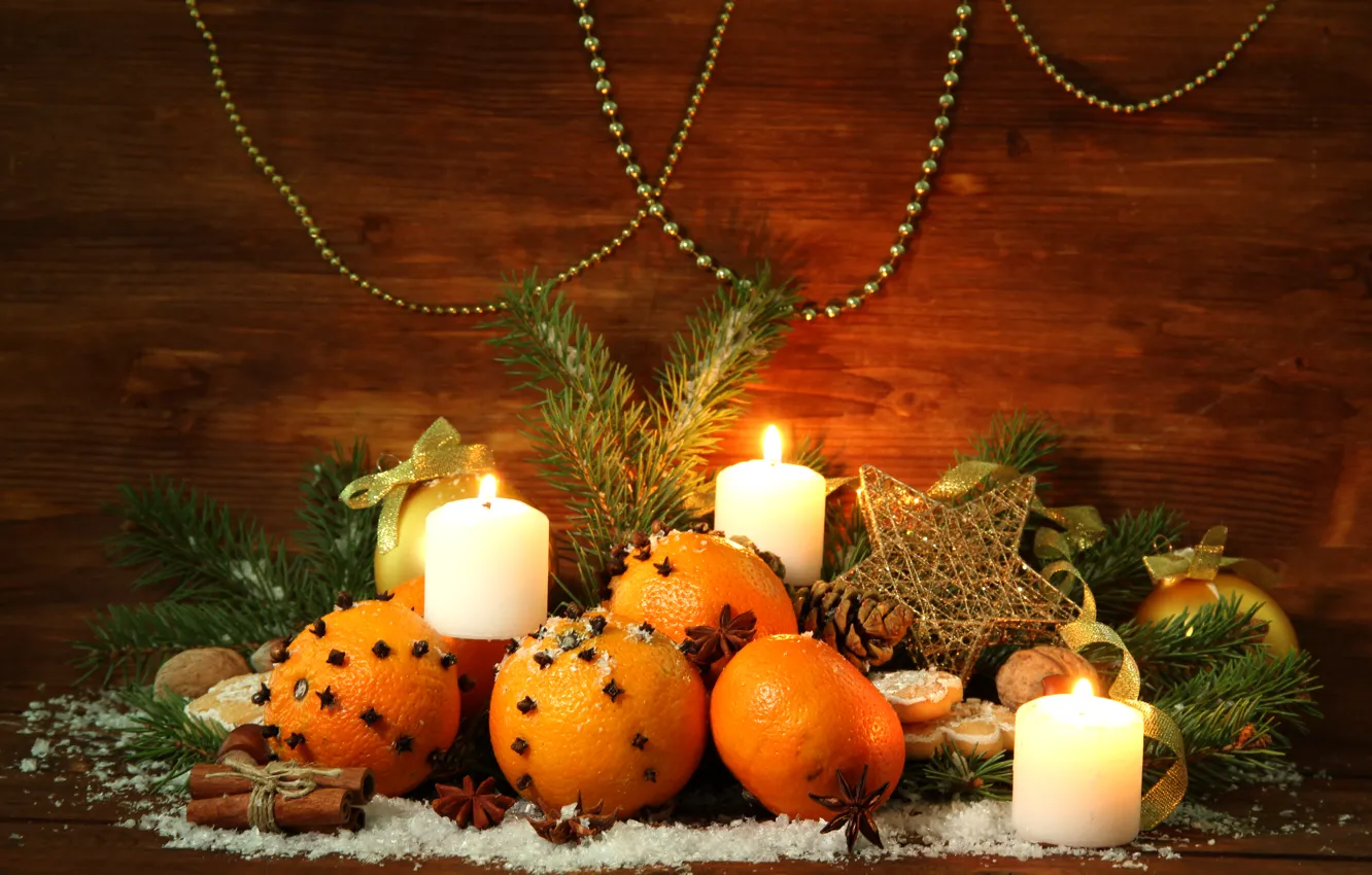 Фото обои украшения, елка, апельсины, свечи, Новый Год, Рождество, Christmas, decoration