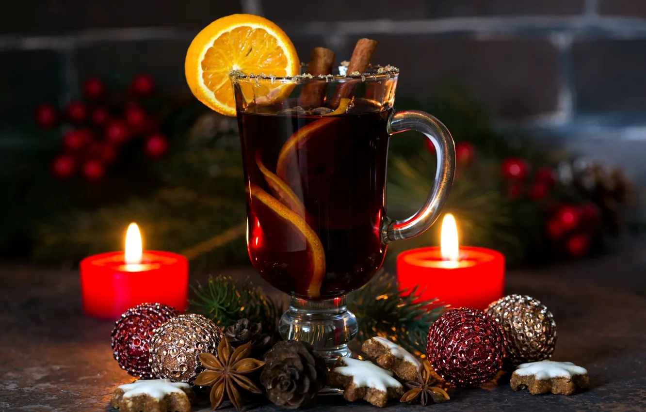 Фото обои шары, чай, апельсин, свечи, Рождество, Новый год, корица, выпечка