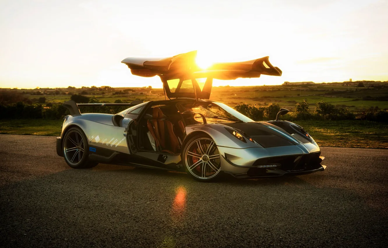 Фото обои солнце, лучи, закат, Pagani, Huayra