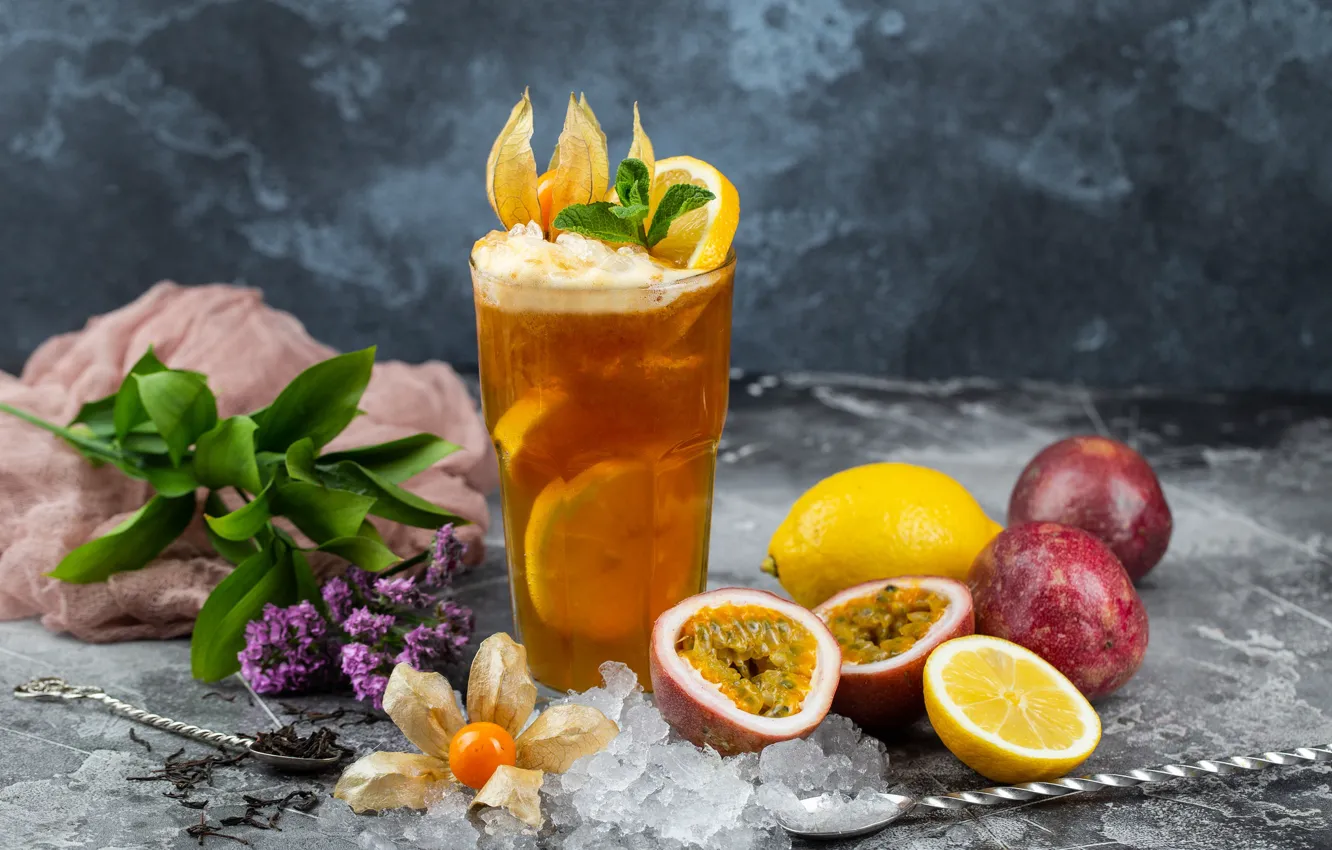 Фото обои цветы, сок, фрукты
