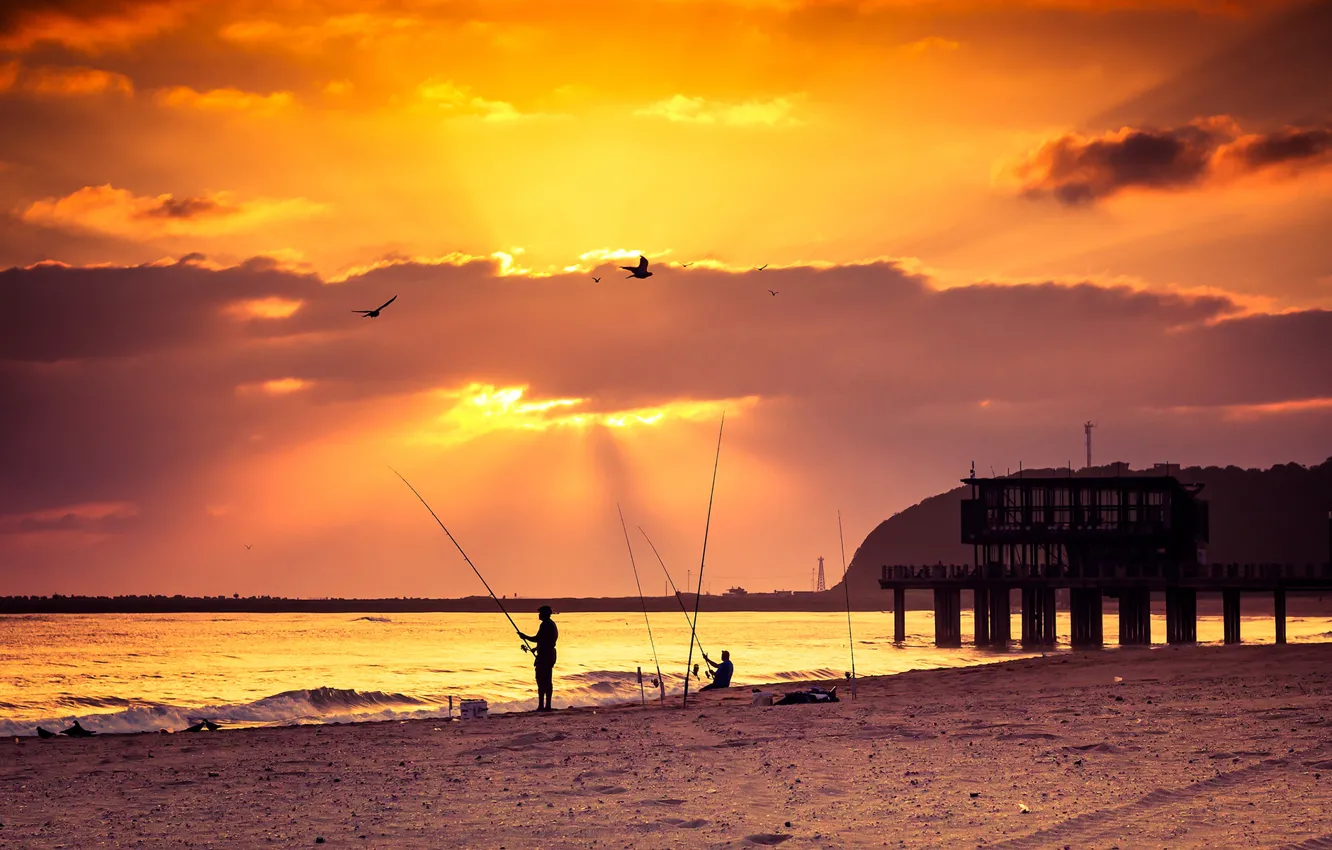 Фото обои beach, sea, sunset, pier, fishing