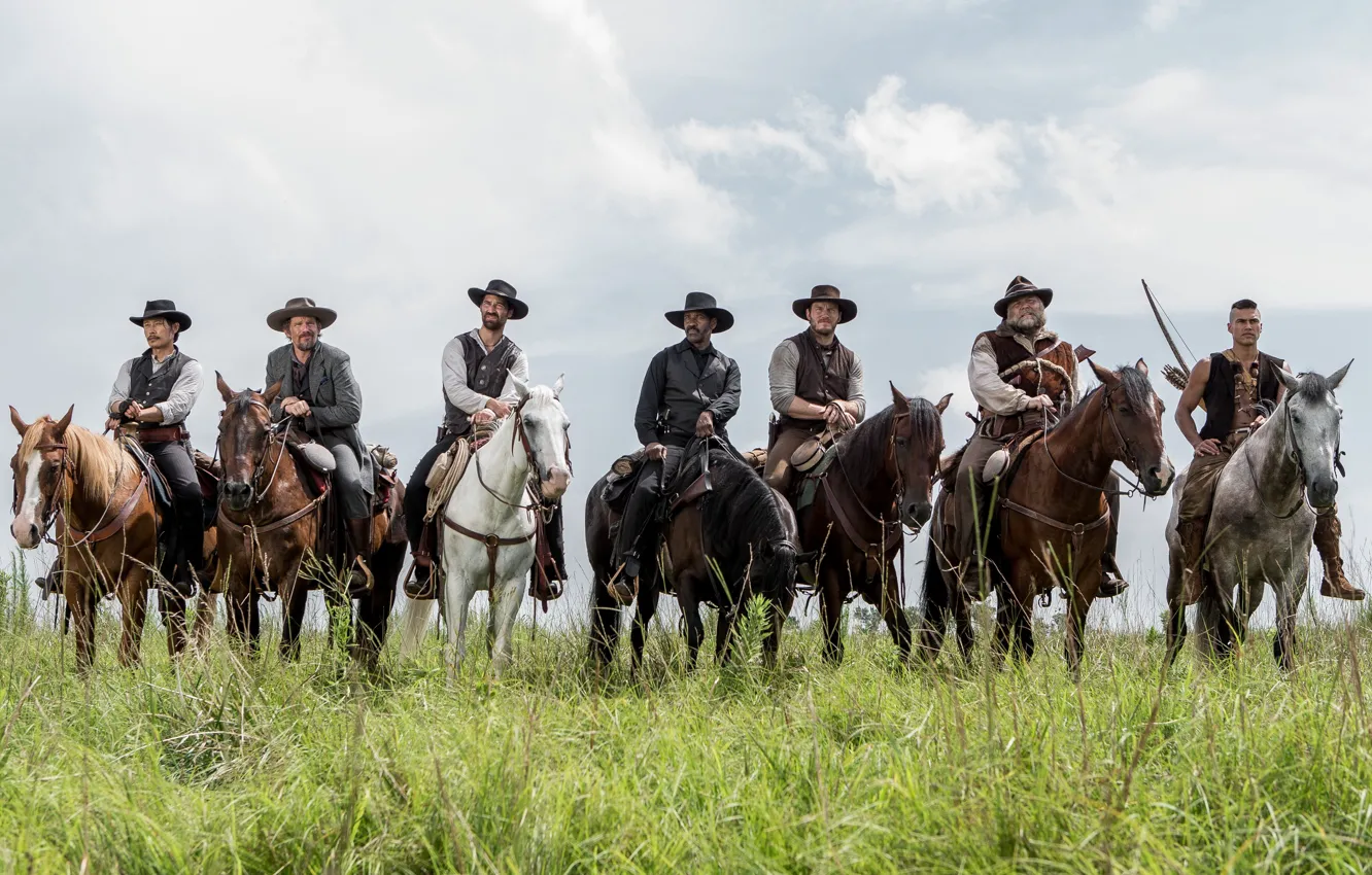 Фото обои поле, оружие, кони, лошади, всадники, боевик, ковбои, шляпы
