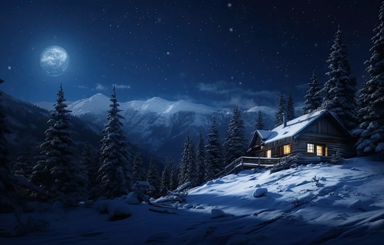 Фото обои зима, лес, снег, ночь, мороз, домик, house, хижина